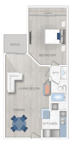 A floor plan of a one bedroom apartment available for rent in Hollywood, CA.