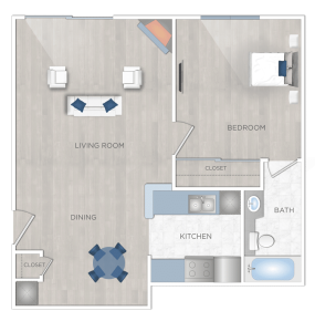 A floor plan of a two bedroom apartment available for rent in Hollywood, CA.