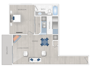 An impeccably designed floor plan of a two-bedroom apartment available for rent in Hollywood, CA.
