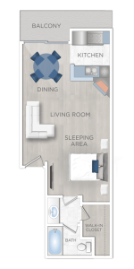 Discover a spacious floor plan of a one bedroom apartment that is perfect for rent in Hollywood CA.
