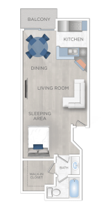 Explore the spacious floor plan of a one bedroom apartment in Hollywood, CA.